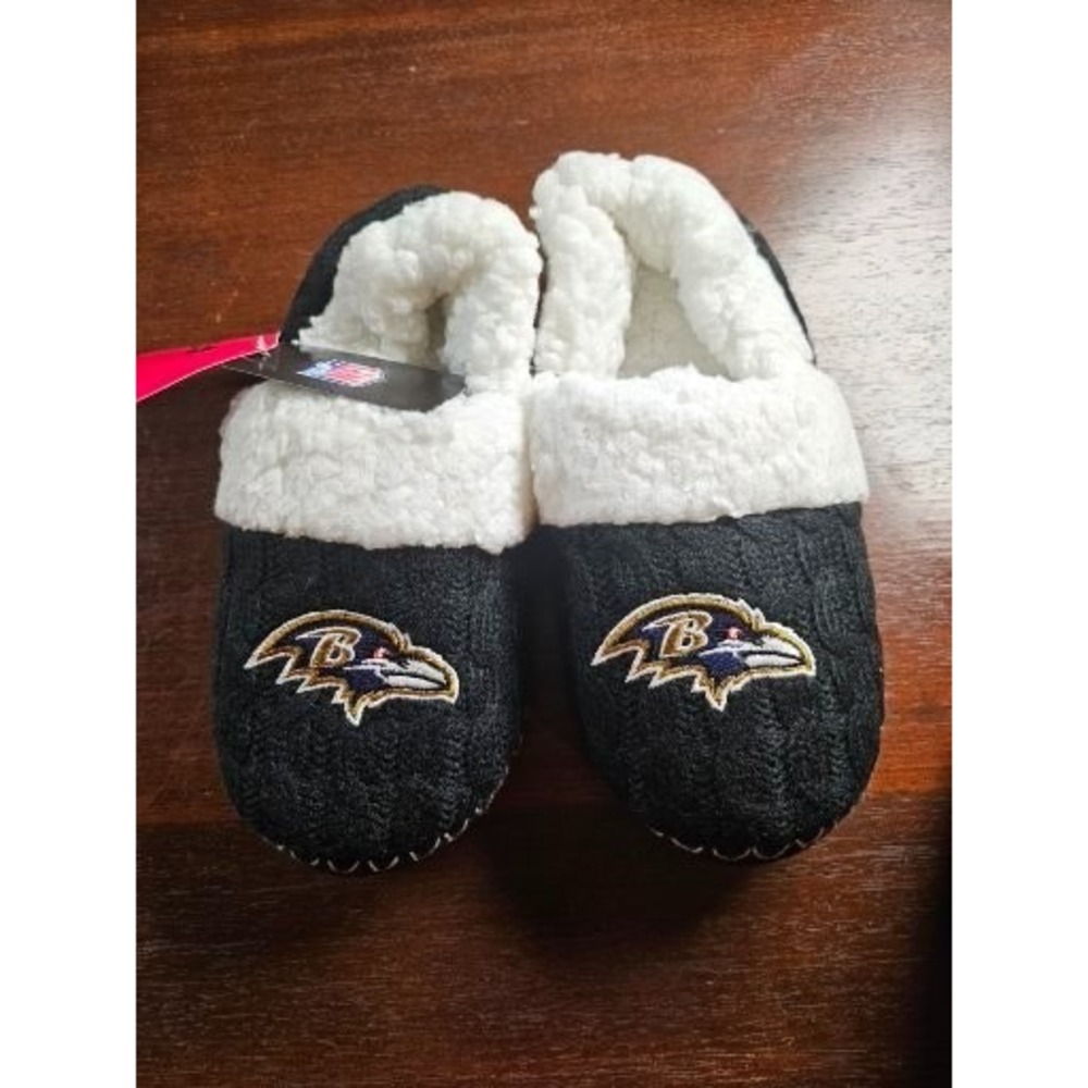 Black Baltimore Ravens Sequin Faux Fur Slide Slippers NFL Womens FOCO Small 5/6